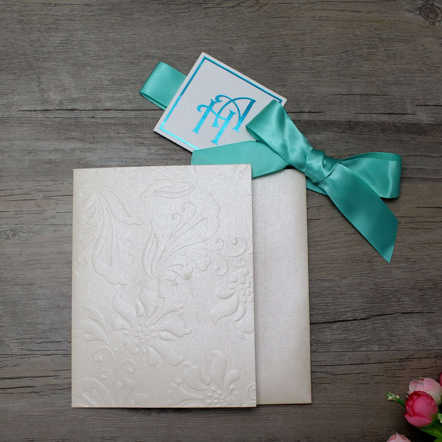 Embossing Invitation Card with Ribbon Bow Printing Customized Greeting Card 